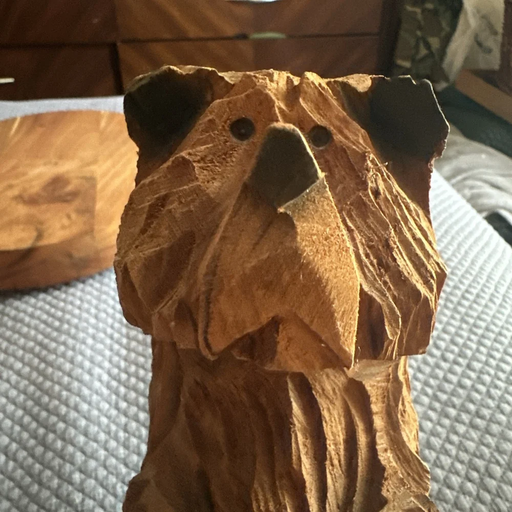 Folk Art Bear Figure Hand Carved Wood Cedar Fence Post 10” Standing Sad Bear
